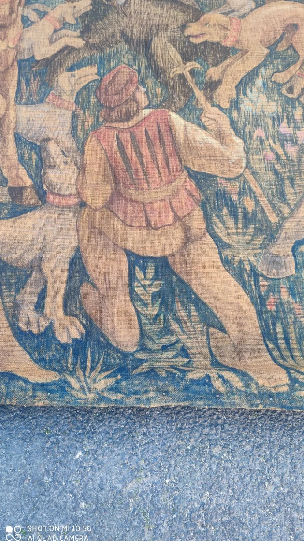 Toile de jute peinte scène de chasse médiéval vers 1950 par André Pierre BOURBIOUX dit "Boul"
