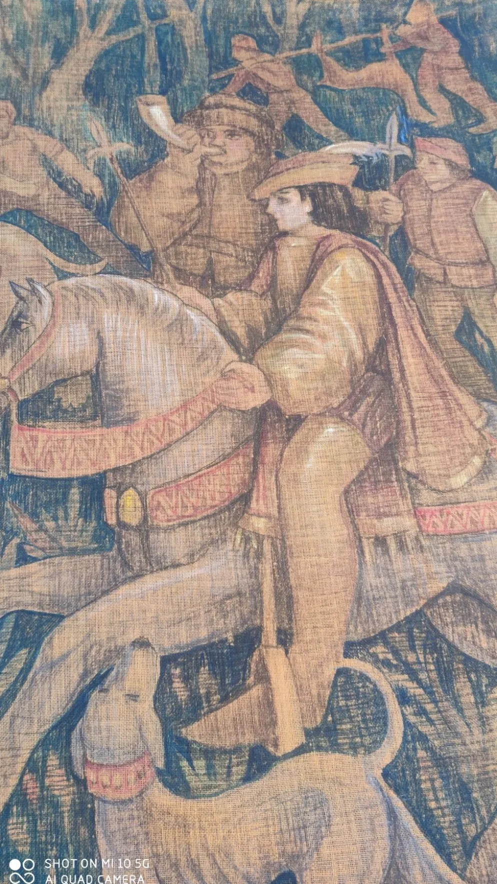 Toile de jute peinte scène de chasse médiéval vers 1950 par André Pierre BOURBIOUX dit "Boul"