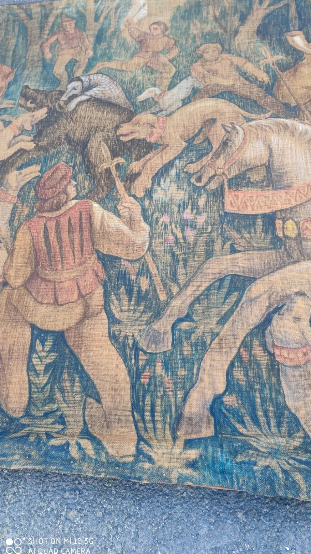 Toile de jute peinte scène de chasse médiéval vers 1950 par André Pierre BOURBIOUX dit "Boul"