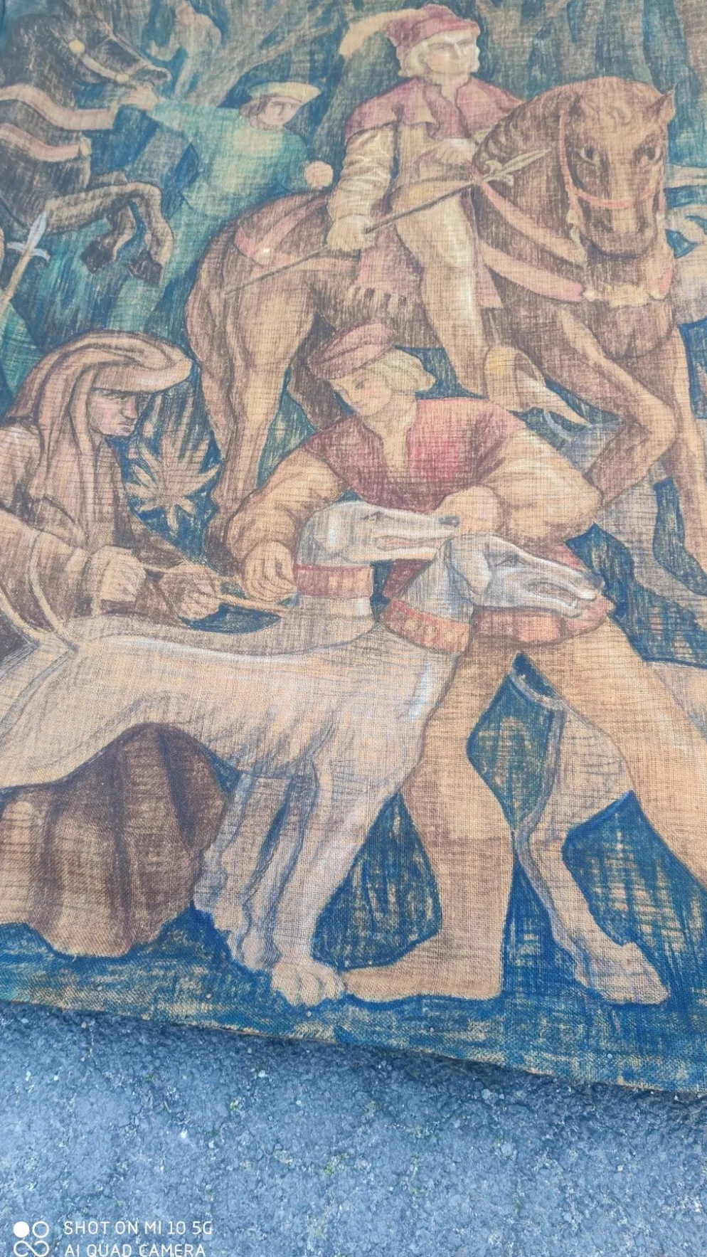 Toile de jute peinte scène de chasse médiéval vers 1950 par André Pierre BOURBIOUX dit "Boul"