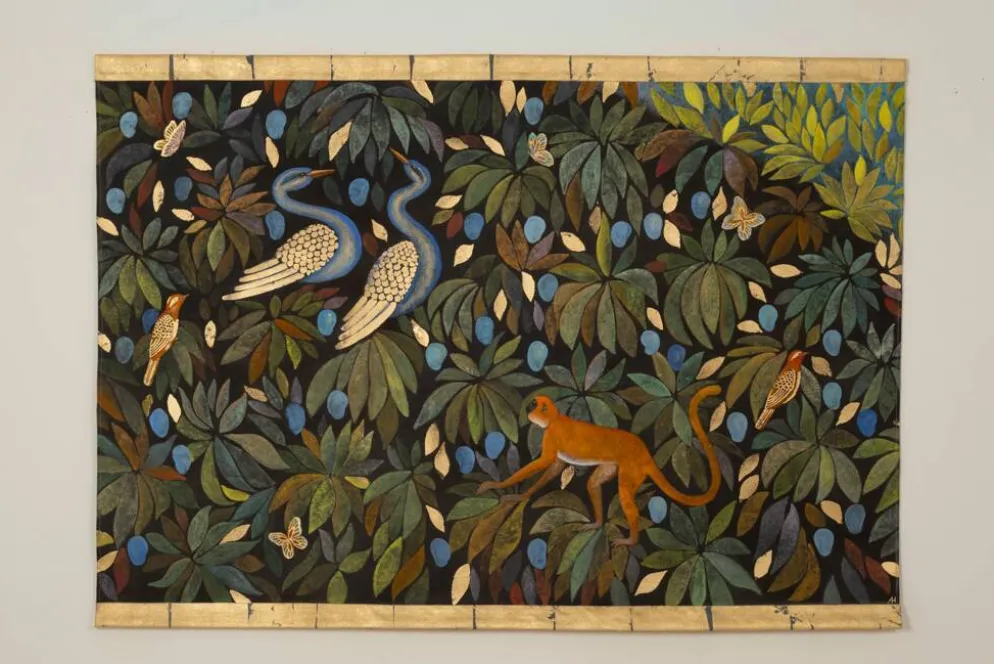 Toile peinte, ou panneau décoratif, « Le paradis perdu ». Contemporain.
