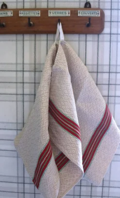 Torchon ancien chevrons bandes rouge vert
