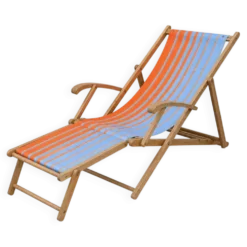 Transat chilienne ancienne toile rayée orange & bleu patine d'origine