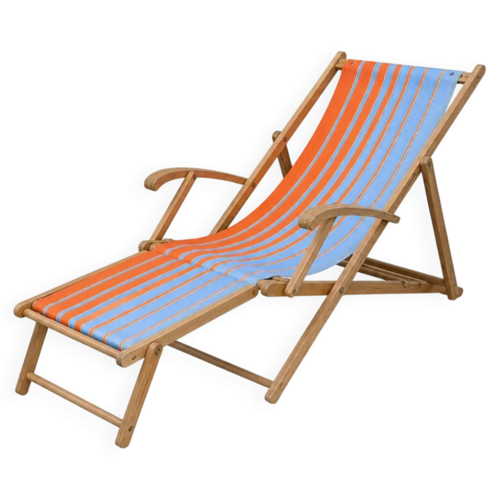 Transat chilienne ancienne toile rayée orange & bleu patine d'origine