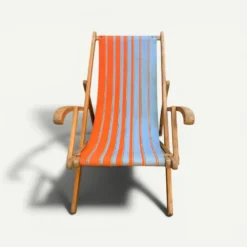 Transat chilienne ancienne toile rayée orange & bleu patine d'origine