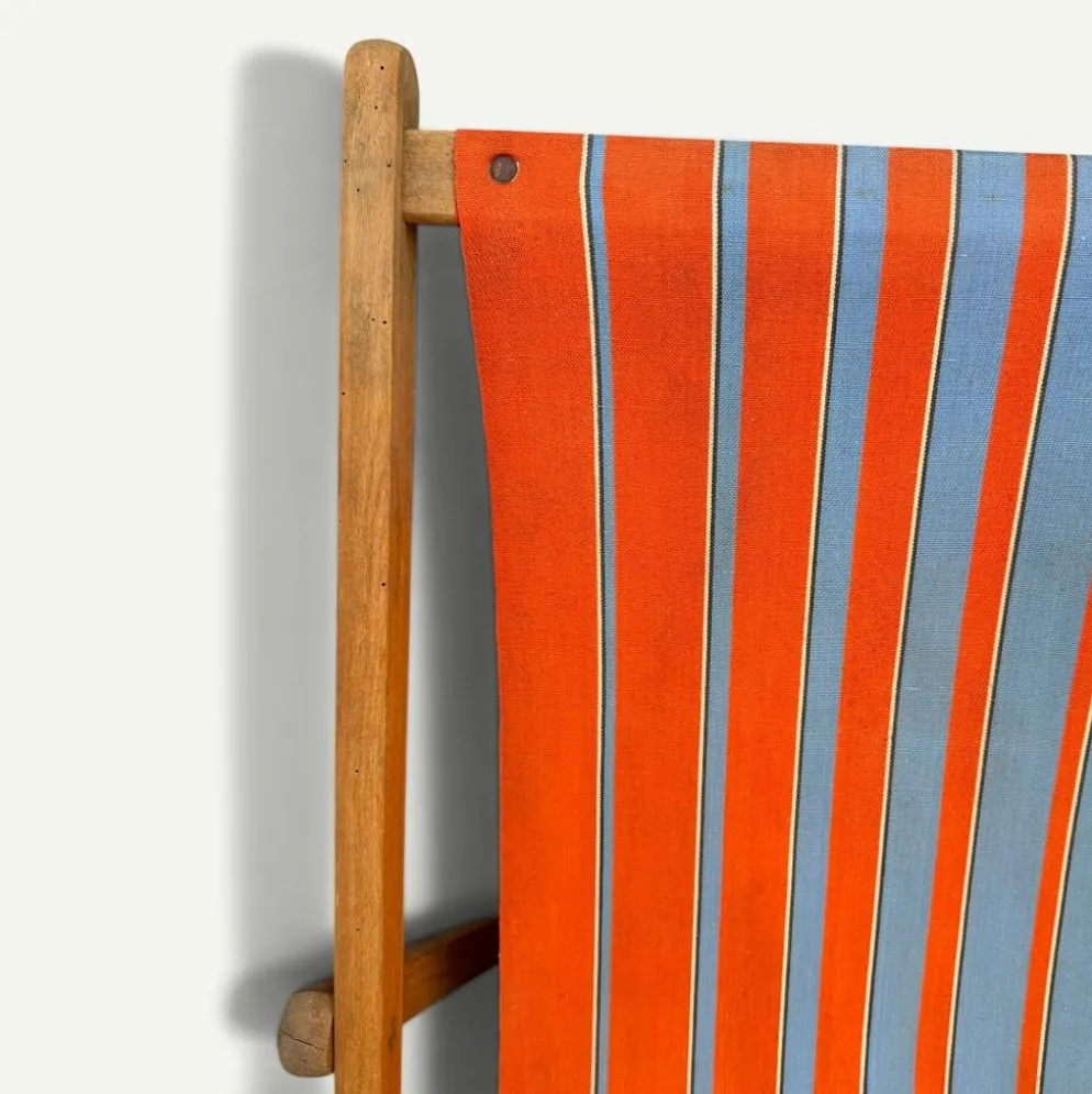Transat chilienne ancienne toile rayée orange & bleu patine d'origine