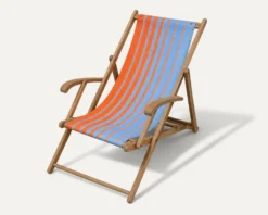 Transat chilienne ancienne toile rayée orange & bleu patine d'origine