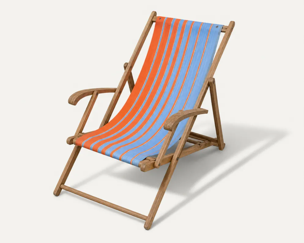 Transat chilienne ancienne toile rayée orange & bleu patine d'origine