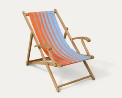 Transat chilienne ancienne toile rayée orange & bleu patine d'origine