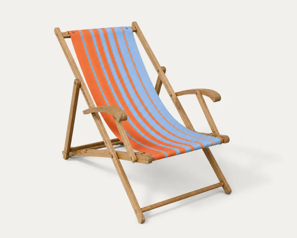 Transat chilienne ancienne toile rayée orange & bleu patine d'origine