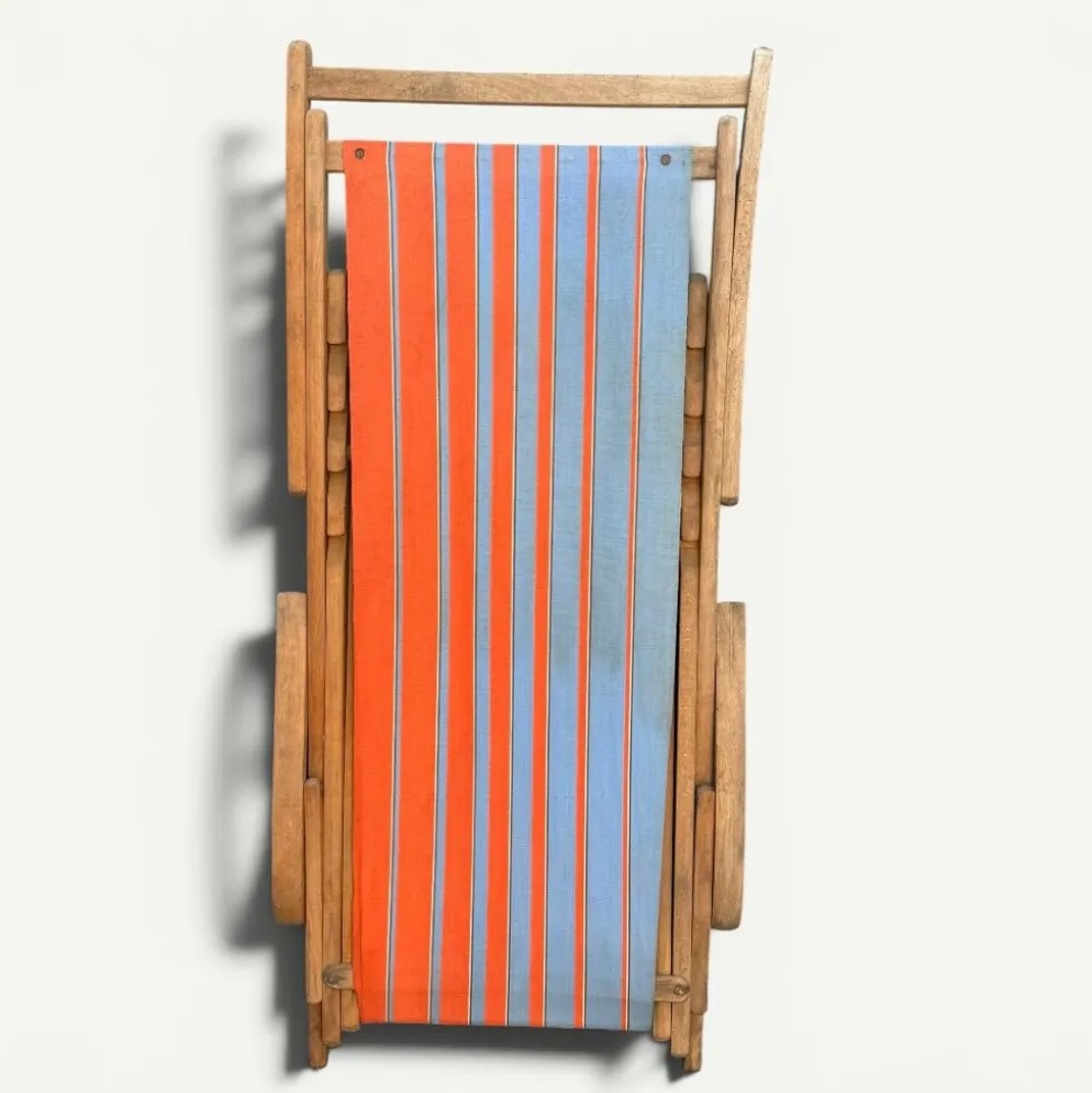 Transat chilienne ancienne toile rayée orange & bleu patine d'origine