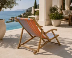 Transat chilienne ancienne toile rayée orange & bleu patine d'origine