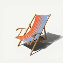 Transat chilienne ancienne toile rayée orange & bleu patine d'origine