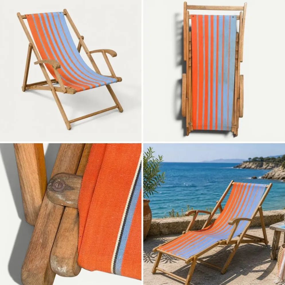 Transat chilienne ancienne toile rayée orange & bleu patine d'origine