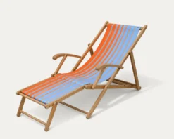 Transat chilienne ancienne toile rayée orange & bleu patine d'origine