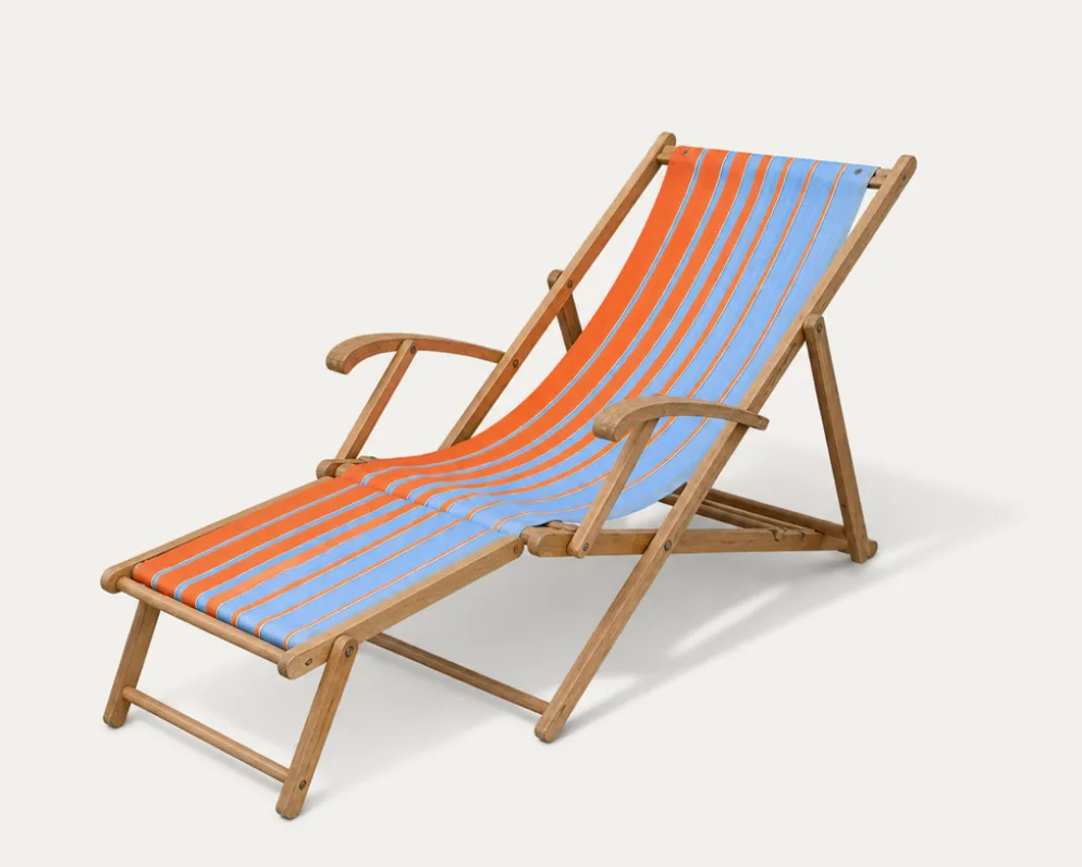 Transat chilienne ancienne toile rayée orange & bleu patine d'origine