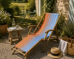 Transat chilienne ancienne toile rayée orange & bleu patine d'origine