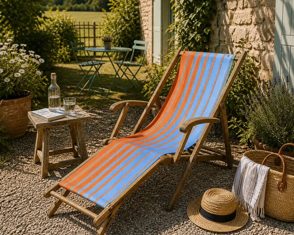 Transat chilienne ancienne toile rayée orange & bleu patine d'origine