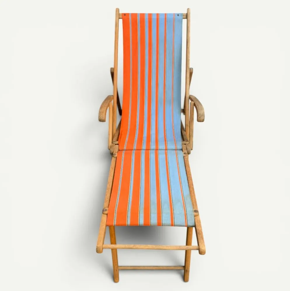 Transat chilienne ancienne toile rayée orange & bleu patine d'origine