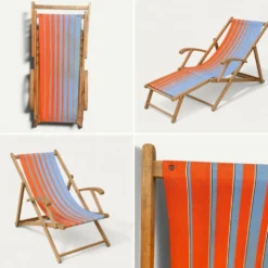 Transat chilienne ancienne toile rayée orange & bleu patine d'origine