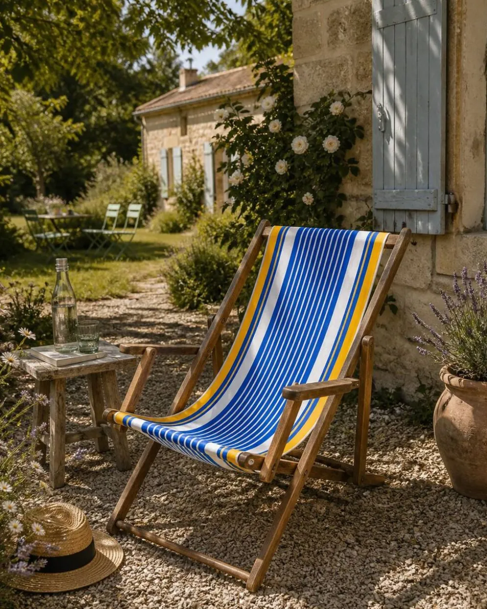 Transat chilienne ancienne toile rayée bleu & jaune patine d’origine