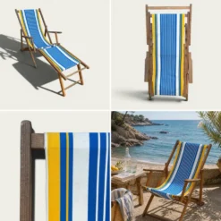 Transat chilienne ancienne toile rayée bleu & jaune patine d’origine