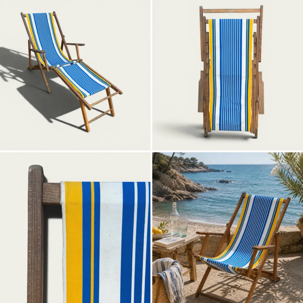 Transat chilienne ancienne toile rayée bleu & jaune patine d’origine