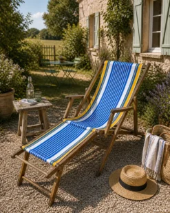 Transat chilienne ancienne toile rayée bleu & jaune patine d’origine