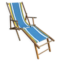 Transat chilienne ancienne toile rayée bleu & jaune patine d’origine