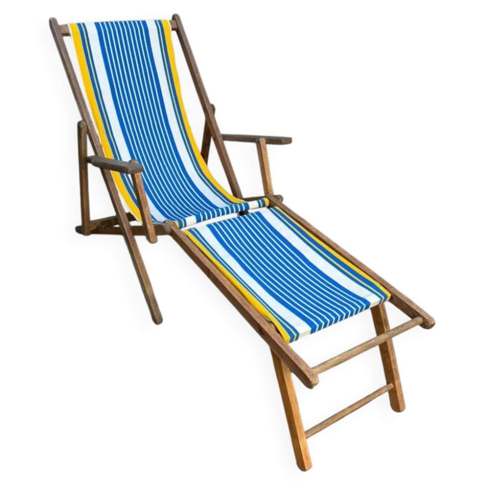 Transat chilienne ancienne toile rayée bleu & jaune patine d’origine