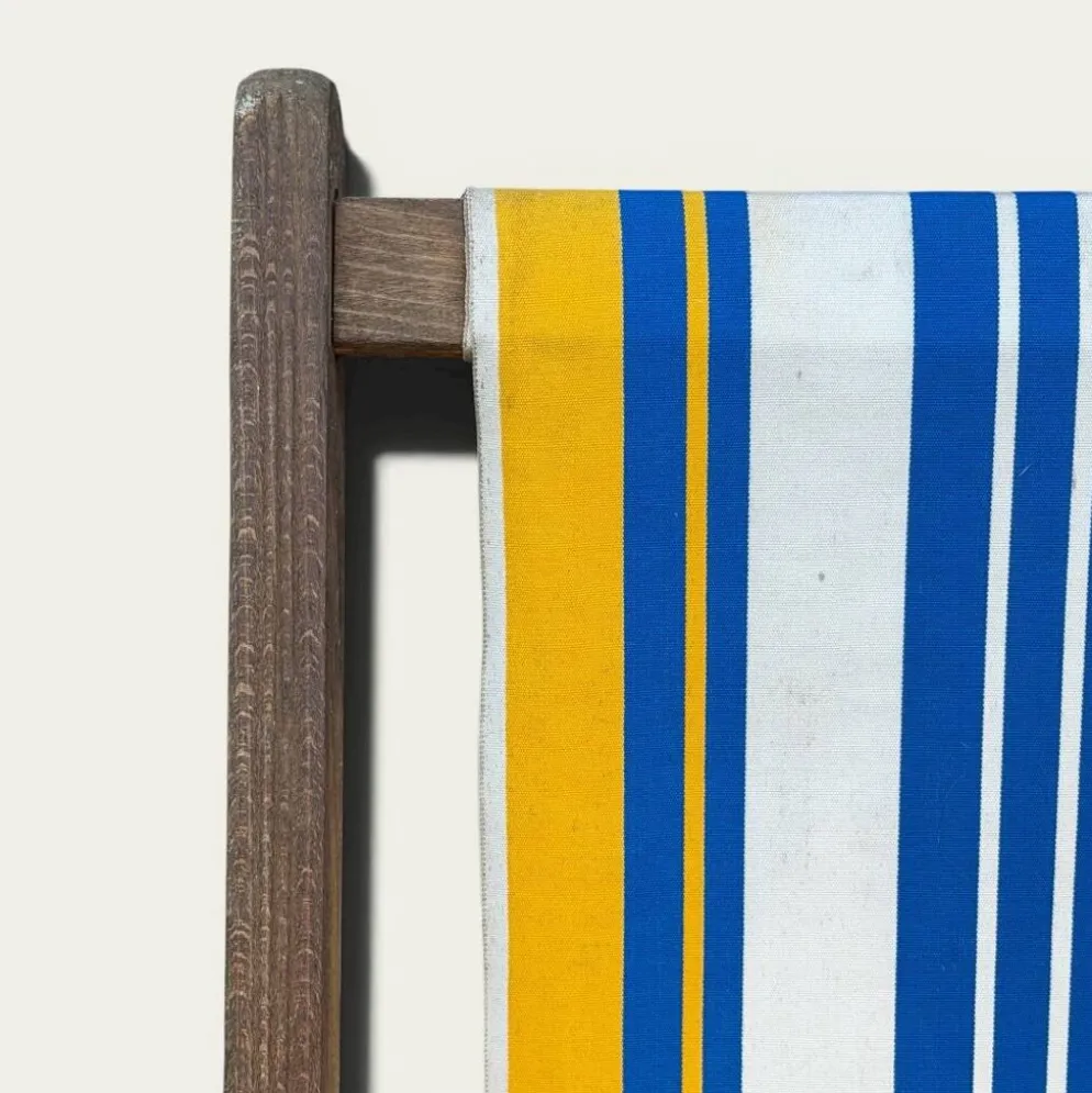 Transat chilienne ancienne toile rayée bleu & jaune patine d’origine