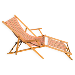 transat chilienne vintage bois et toile a rayures avec repose pied