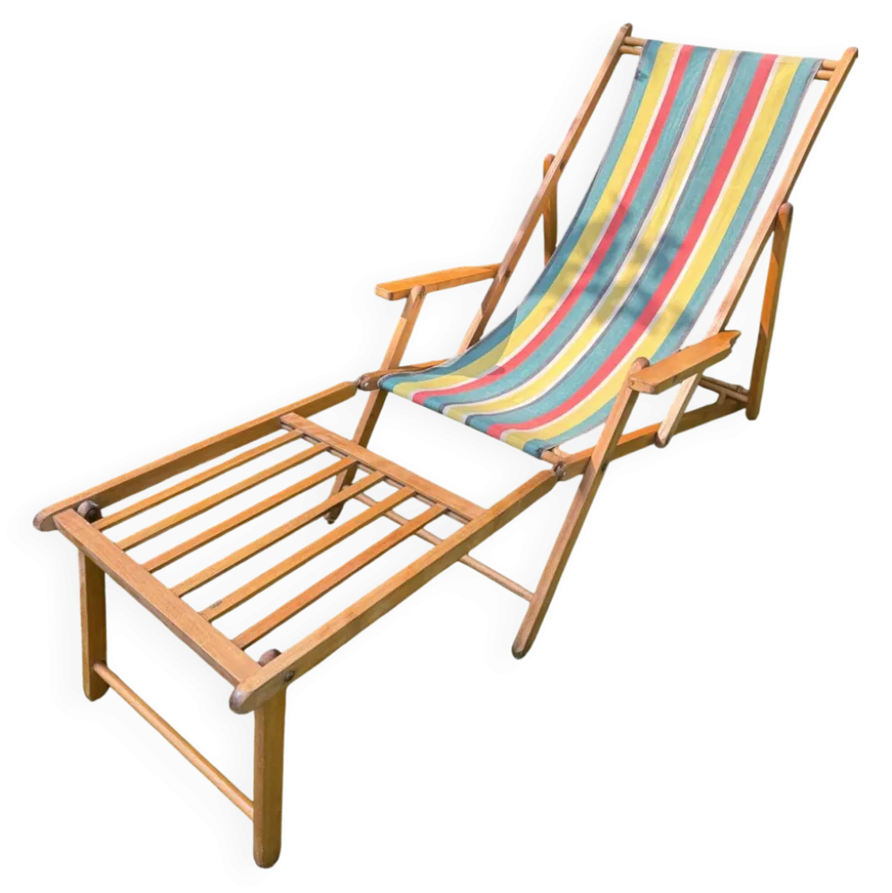 Transat/ chilienne vintage en bois avec repose-pieds — Années 60