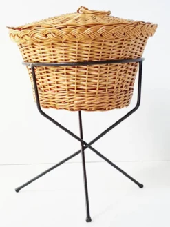 Travailleuse boite a couture tripode osier acier 1950 vintage 50s rockabill