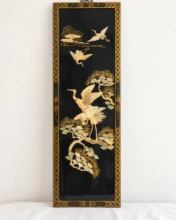 Triptyque chinois vintage en laque noire et nacre – décor de grues