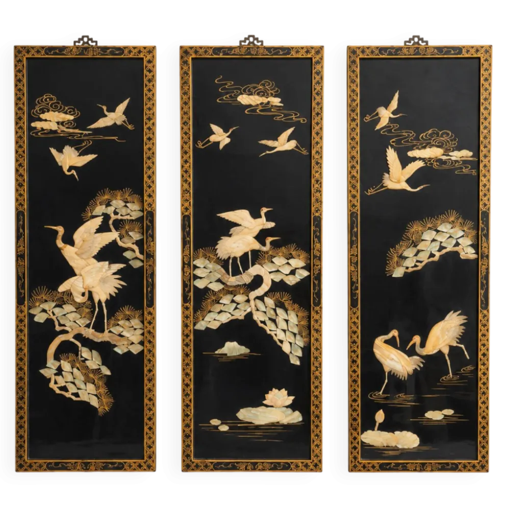 Triptyque chinois vintage en laque noire et nacre – décor de grues