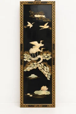 Triptyque chinois vintage en laque noire et nacre – décor de grues