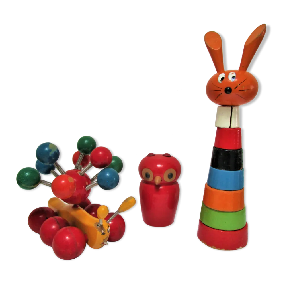 Trois jouets bois chouette escargot lapin design vintage fmf kouvalias