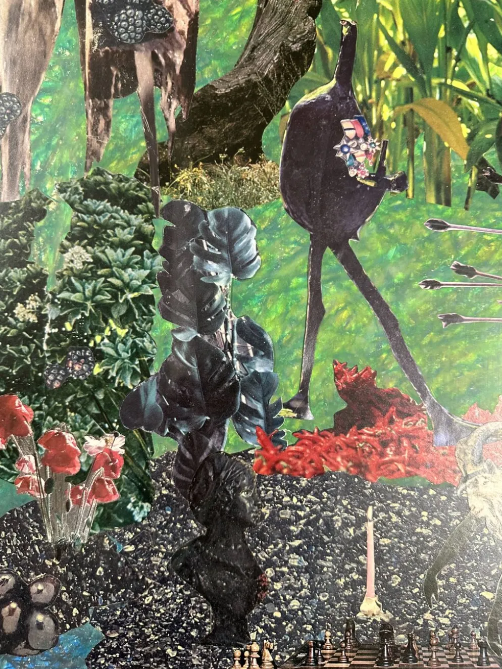 Très grand collage surréaliste encadré d’Alain Gaudet 1979