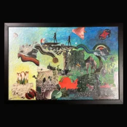 Très grand collage surréaliste encadré d’Alain Gaudet 1979