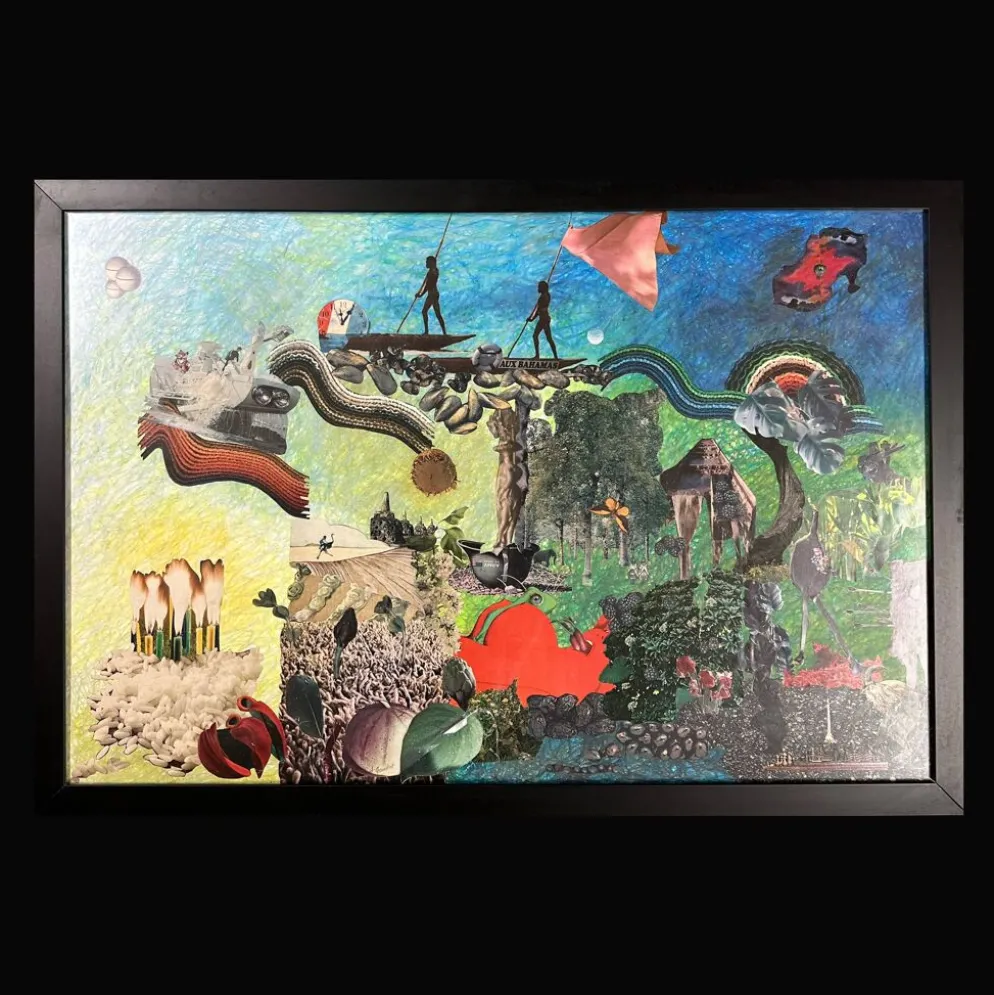 Très grand collage surréaliste encadré d’Alain Gaudet 1979