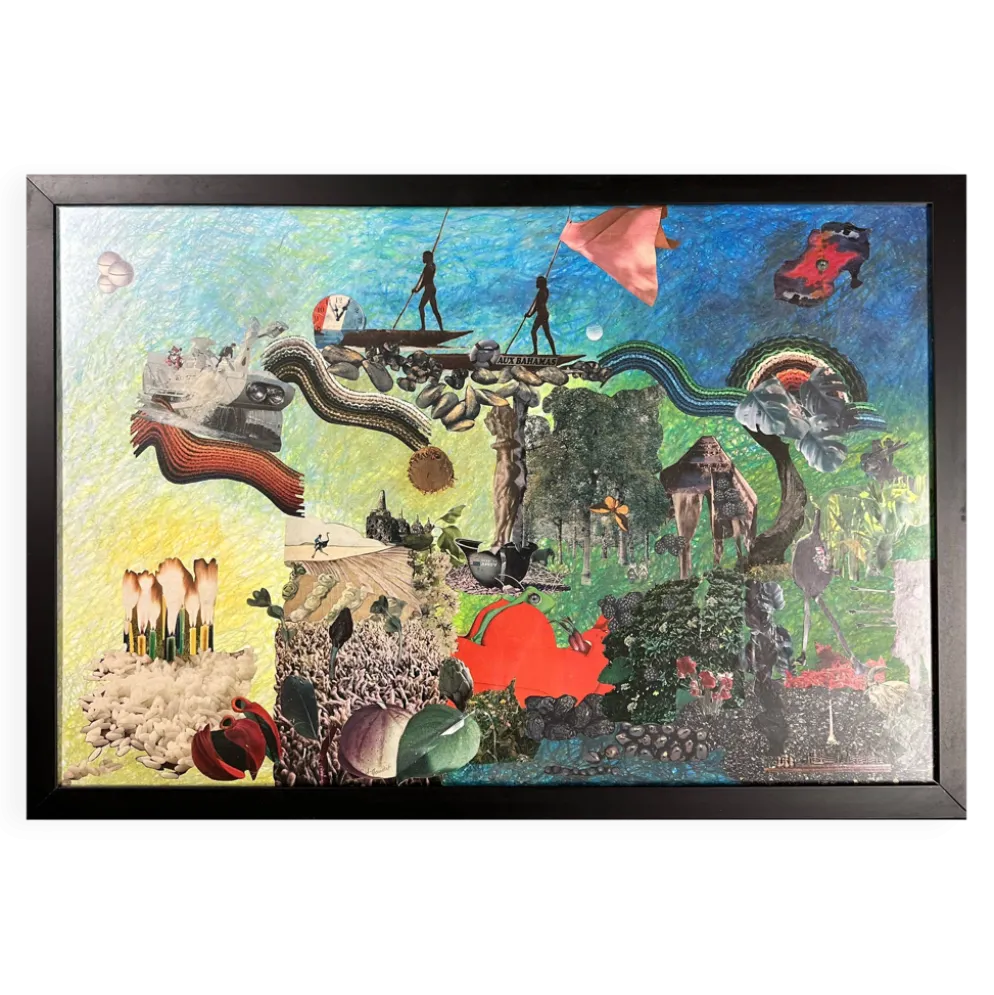 Très grand collage surréaliste encadré d’Alain Gaudet 1979