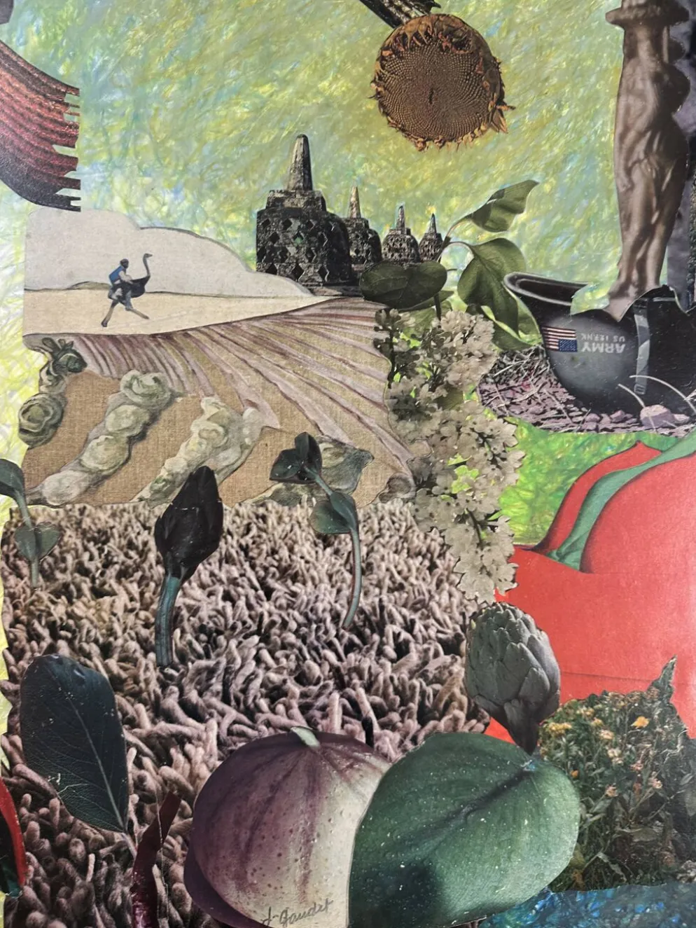 Très grand collage surréaliste encadré d’Alain Gaudet 1979