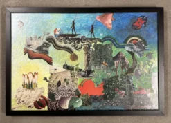 Très grand collage surréaliste encadré d’Alain Gaudet 1979