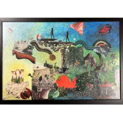Très grand collage surréaliste encadré d’Alain Gaudet 1979