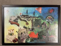Très grand collage surréaliste encadré d’Alain Gaudet 1979
