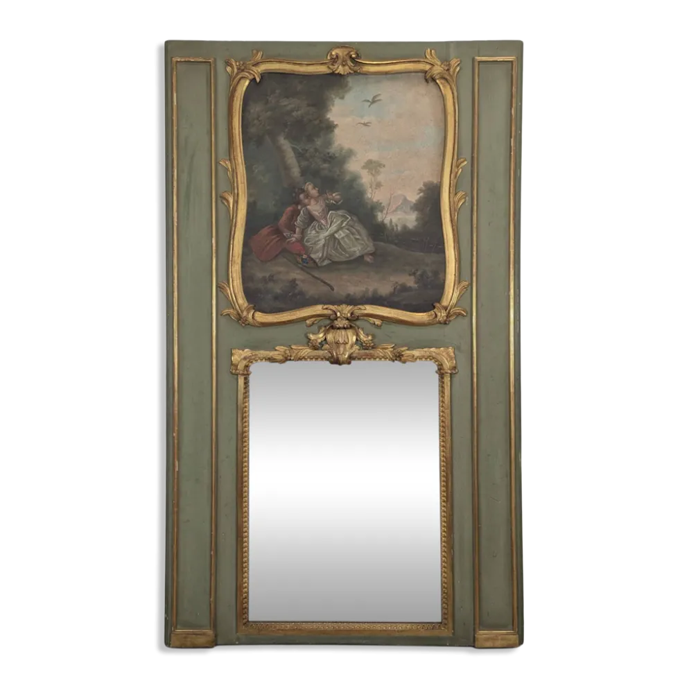 Trumeau Louis XV en bois laqué vert à scène galante