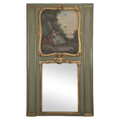 Trumeau Louis XV en bois laqué vert à scène galante
