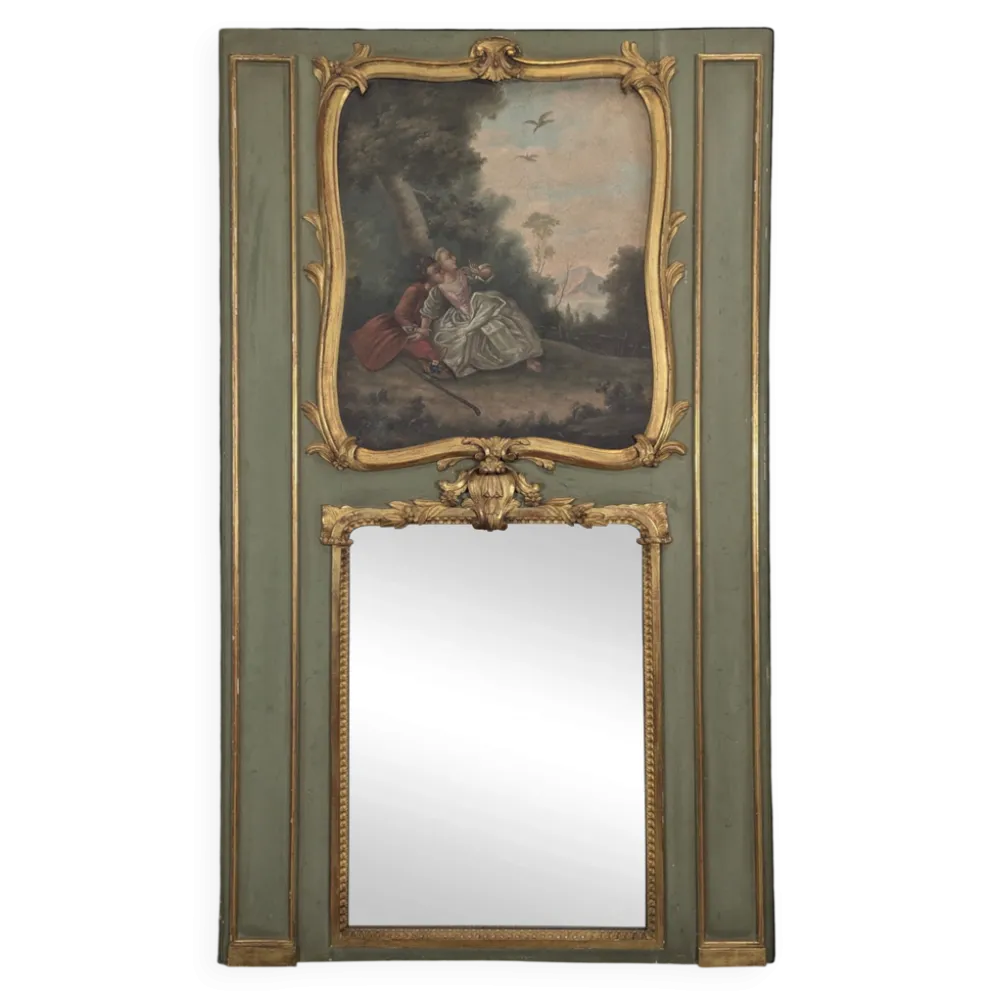 Trumeau Louis XV en bois laqué vert à scène galante