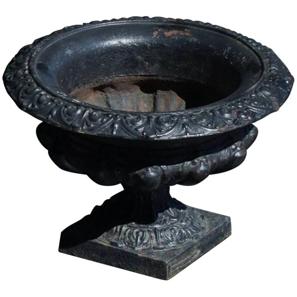 Urne de jardin ancienne en fonte française avec bordure décorative, début du 20e siècle